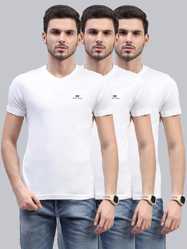 Casual And Comfortable Men White Solid V Neck Half Sleeve T-Shirt (Pack of 3)