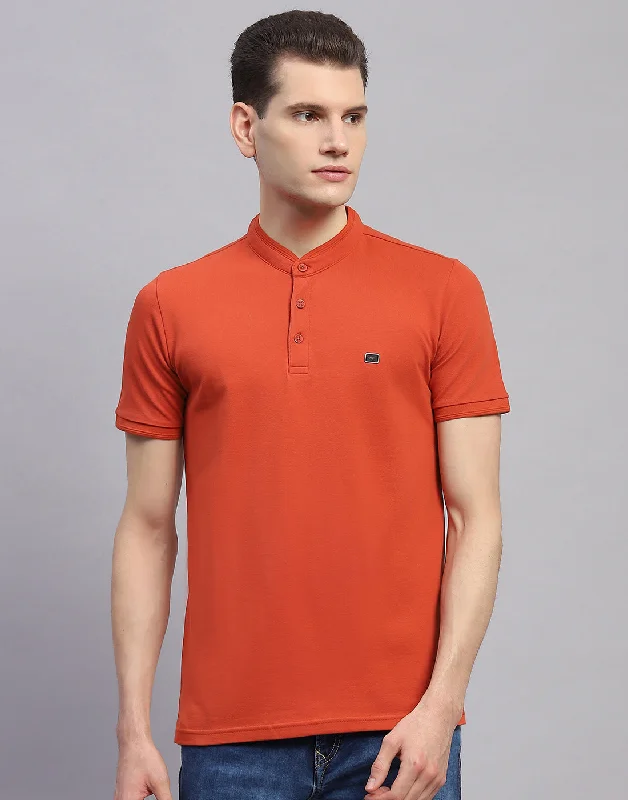Personalized Design Men Orange Solid Band Collar Half Sleeve T-Shirt