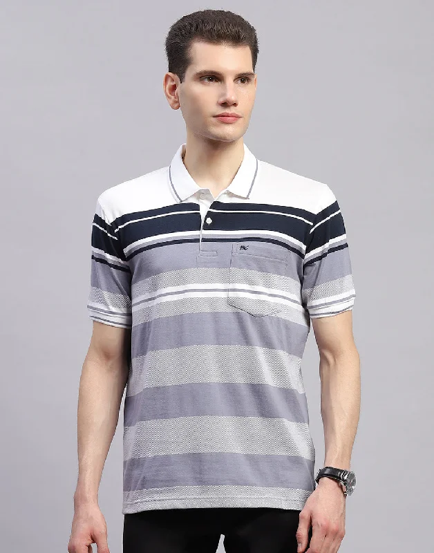 Artistic Temperament Men Navy Blue Stripe Collar Half Sleeve T-Shirt