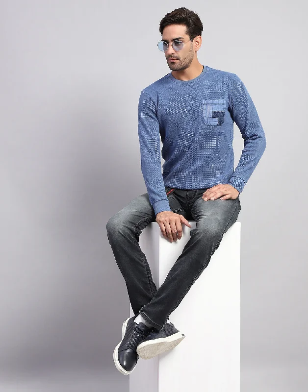 Mid-length Style Men Blue Solid Round Neck Full Sleeve Winter T-Shirt