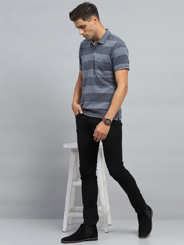 Cozy Lifestyle Men Grey Stripe Collar Half Sleeve T-Shirt