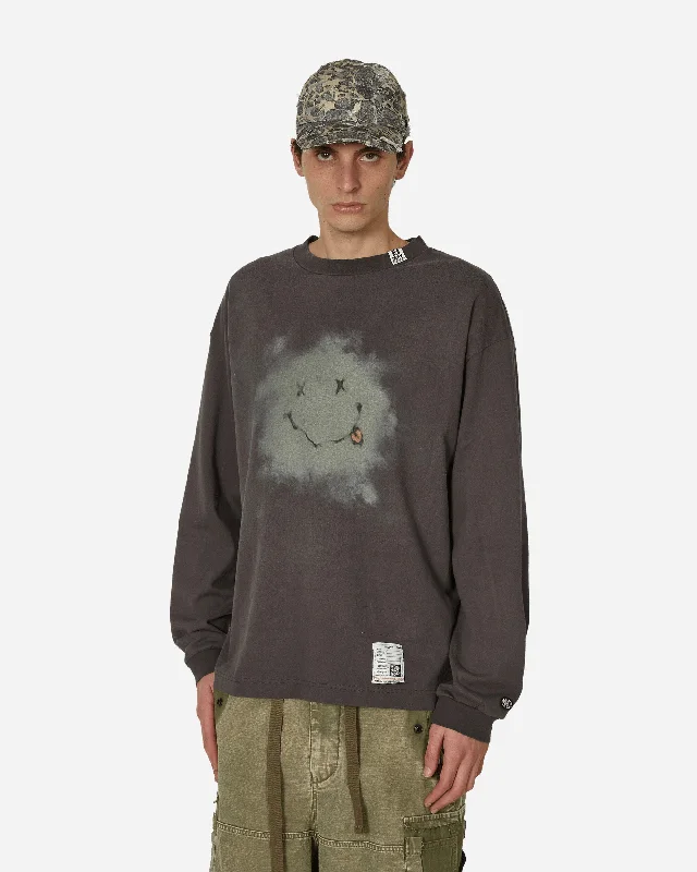 Wearable At Home Or Out Distressed Smiley Face Printed Longsleeve T-Shirt Black