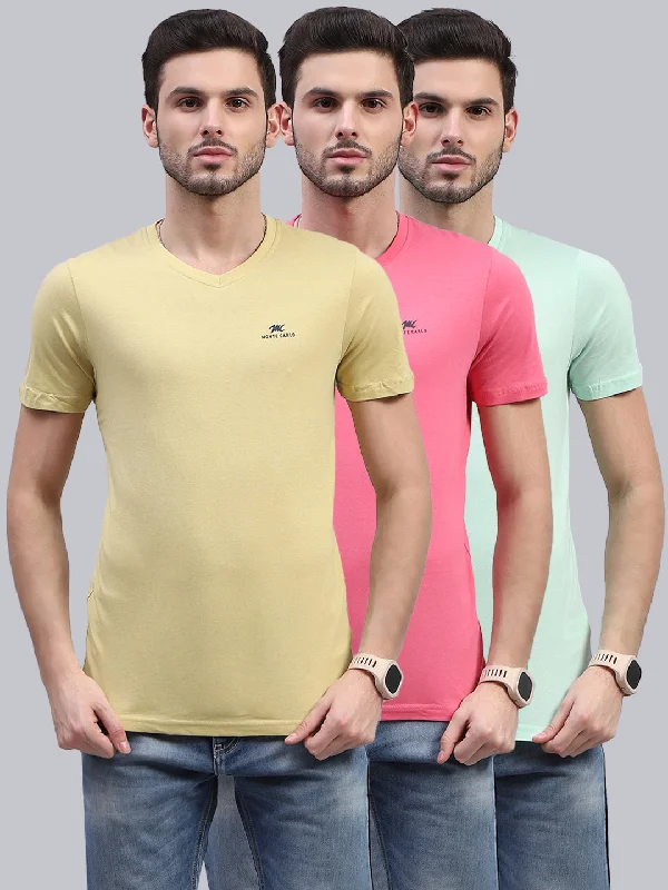 Stretch Design Men Multicolor Solid V Neck Half Sleeve T-Shirt (Pack of 3)