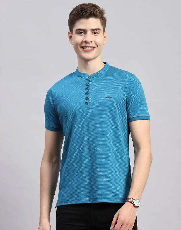 High Street Series Men Blue Printed Mandarin Neck Half Sleeve T-Shirt