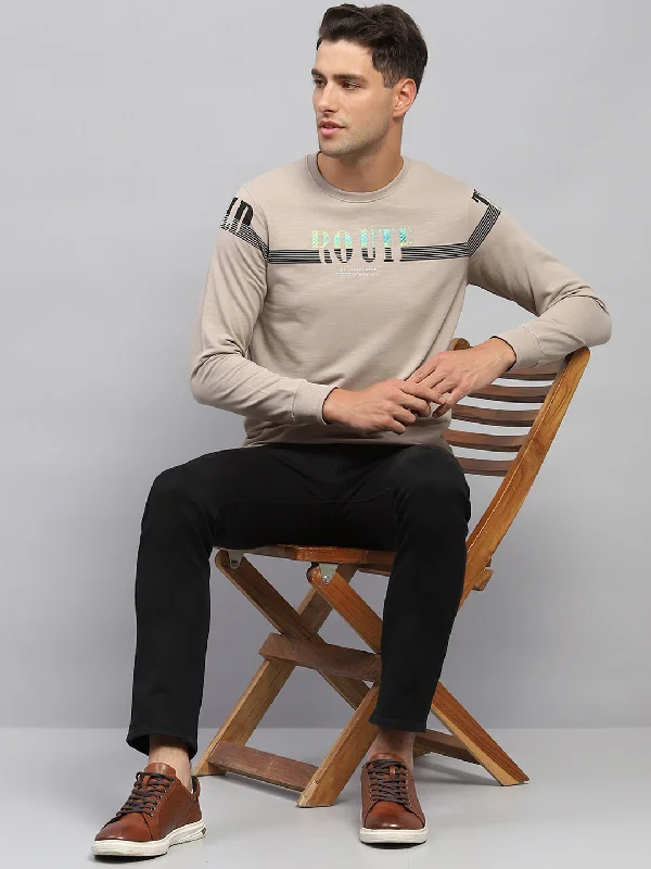 Cozy Essentials Men Beige Printed Round Neck Full Sleeve T-Shirt
