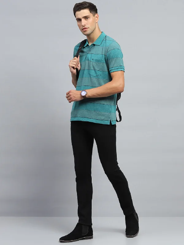Cozy Fashions Men Green Stripe Collar Half Sleeve T-Shirt