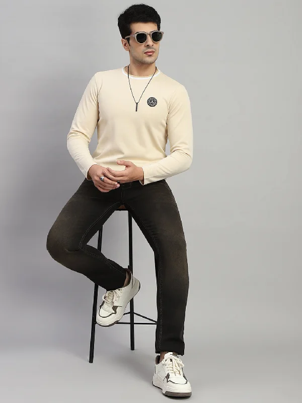 Versatile Casuals Men Cream Solid Round Neck Full Sleeve T-Shirt