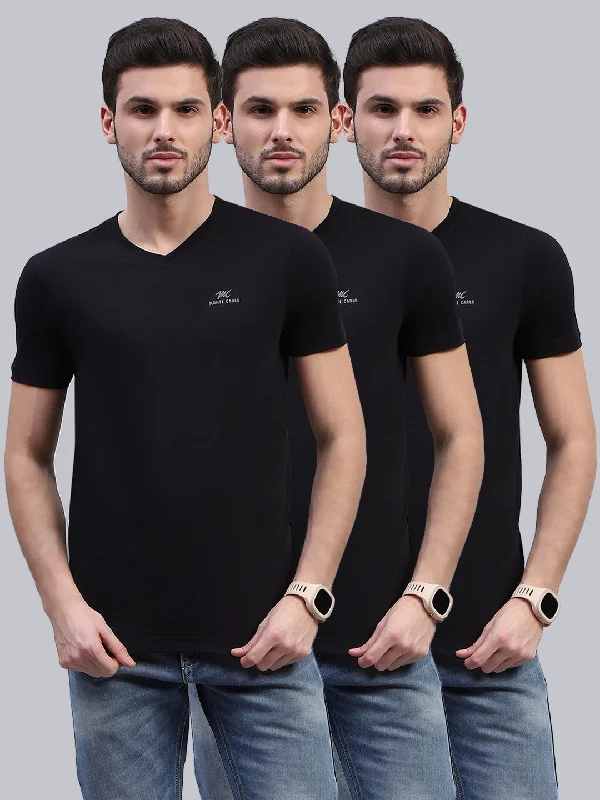 Sports And Leisure Men Black Solid V Neck Half Sleeve T-Shirt (Pack of 3)