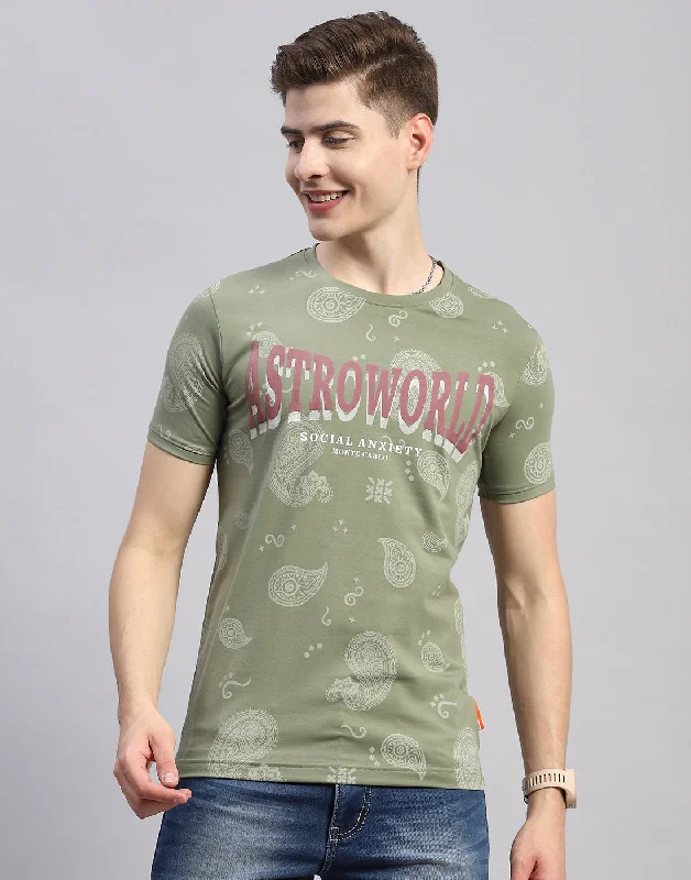 High-end Design Men Olive Floral Print Collar Half Sleeve T-Shirt