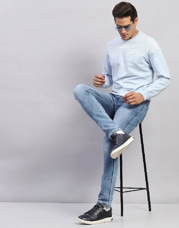 Casual Style Men Light Blue Printed Round Neck Full Sleeve Winter T-Shirt
