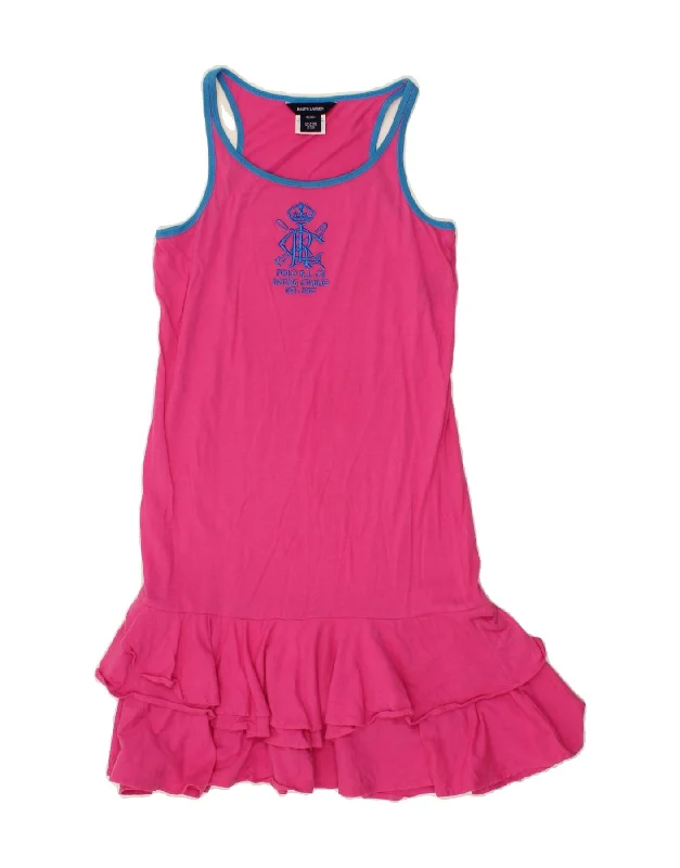 Noble Temperament RALPH LAUREN Girls Graphic Ruffle Drop Waist Dress 15-16 Years XL Pink