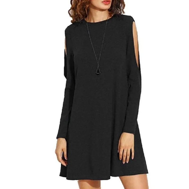 Comfortable down Woman Solid Color Blouse Off Shoulder Long Sleeve Crew Neck Dress