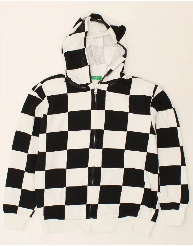 Casual Ease BENETTON Boys Zip Hoodie Sweater 11-12 Years Black Check Cotton