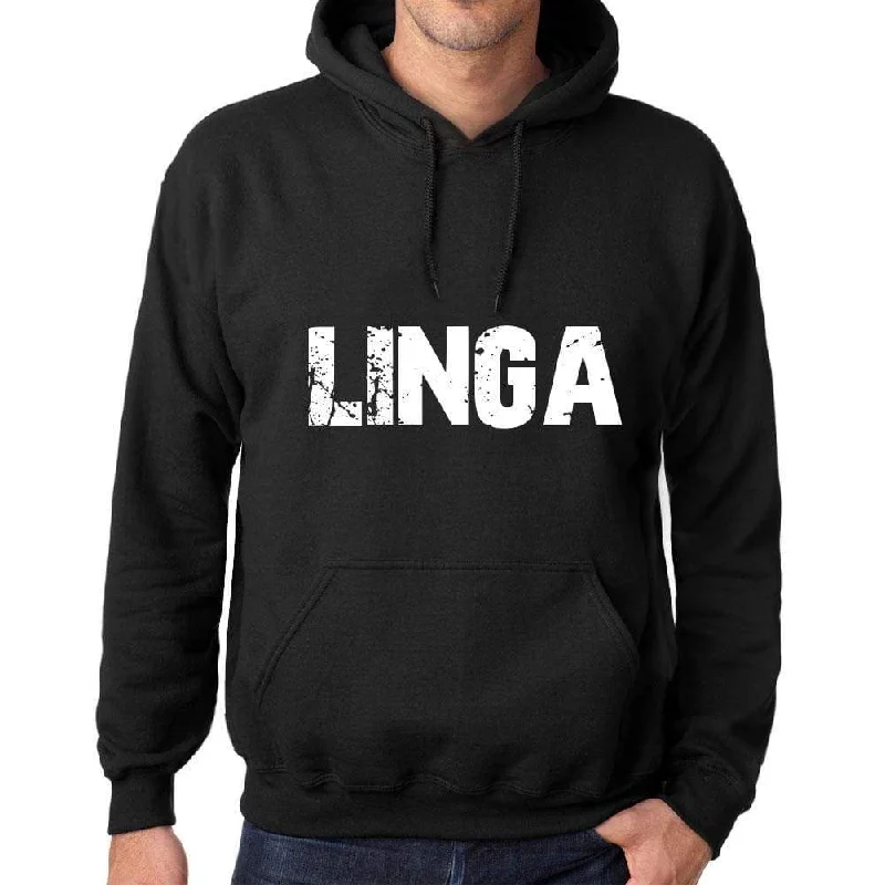 Lounge Chic Men's Women's Unisex Printed Graphic Cotton Hoodie Soft Heavyweight Hooded Sweatshirt Pullover Popular Words LINGA Deep Black