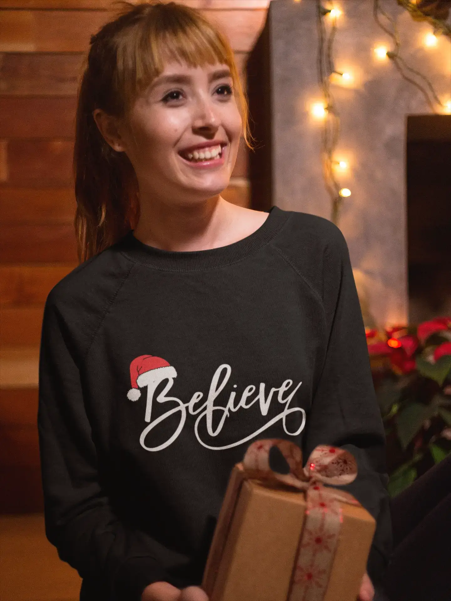 High-quality Fabrics ULTRABASIC - Graphic Women's Christmas Believe Hat Cute Sweatshirt Xmas Gift Ideas Denim