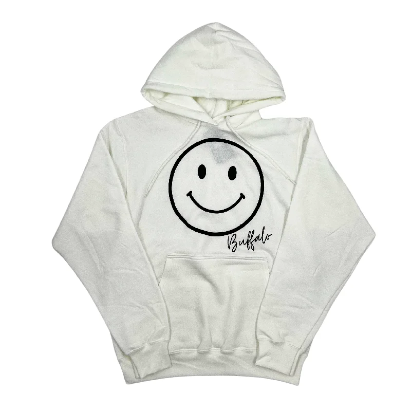 Luxe Comfort Smiley Face With Buffalo Wordmark White Hoodie
