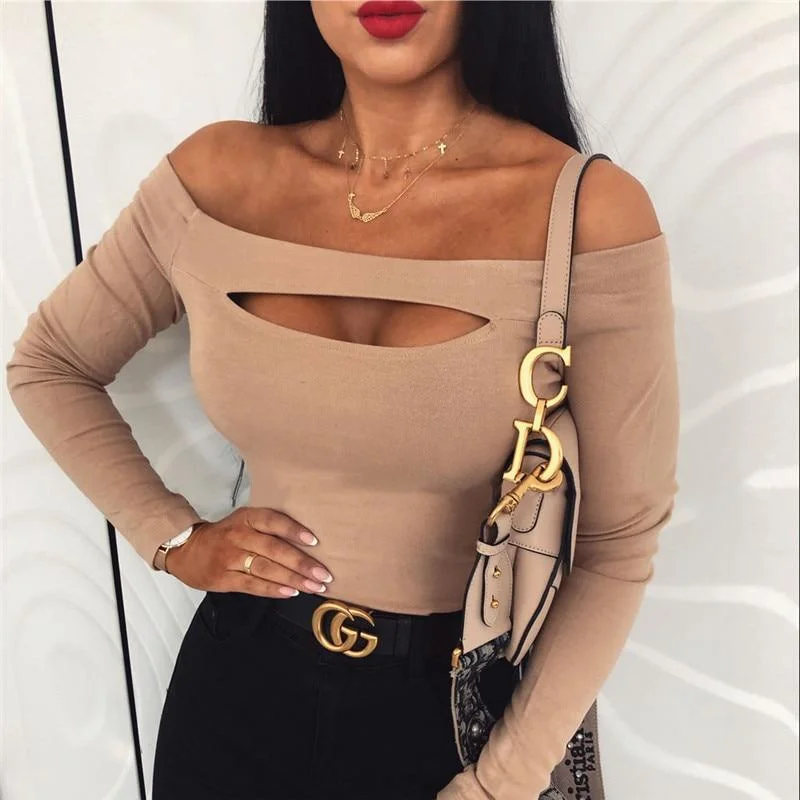 Lounge Wear Fashion Women Sexy T Shirt Femme Off Shoulder Long Sleeve Tee Shirt Elegant Bandage Stretch Party Club tshirt Streetwear
