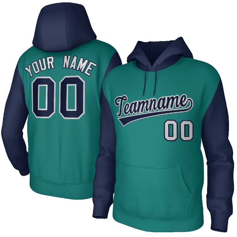 Advanced Customization Custom Aqua Navy-Gray Raglan Sleeves Stitched Sportwear Pullover Hoodie