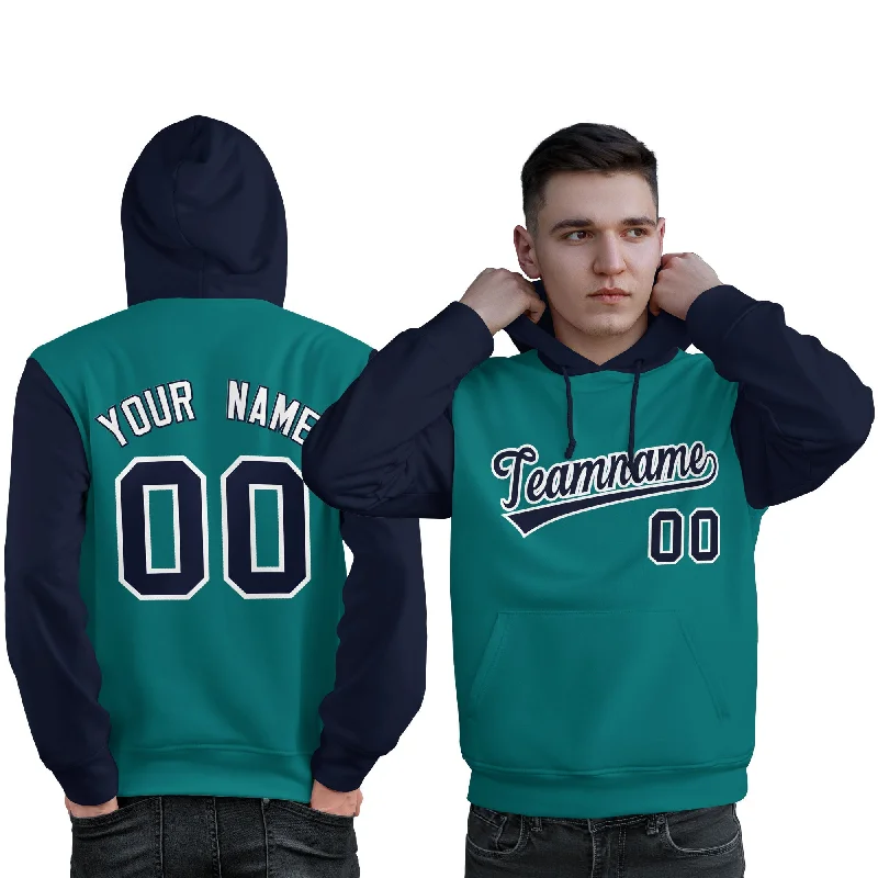Cozy Chic Wear Custom Aqua Navy-White Raglan Sleeves Pullover Personalized Sweatshirt Hoodie