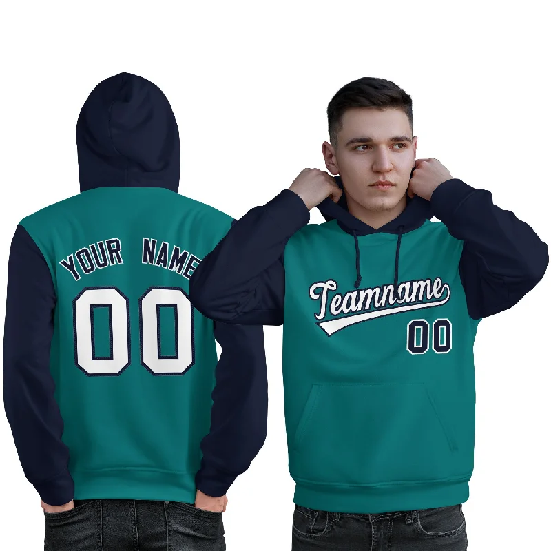 Soft Layers Custom Aqua White-Navy Raglan Sleeves Pullover Personalized Sweatshirt Hoodie