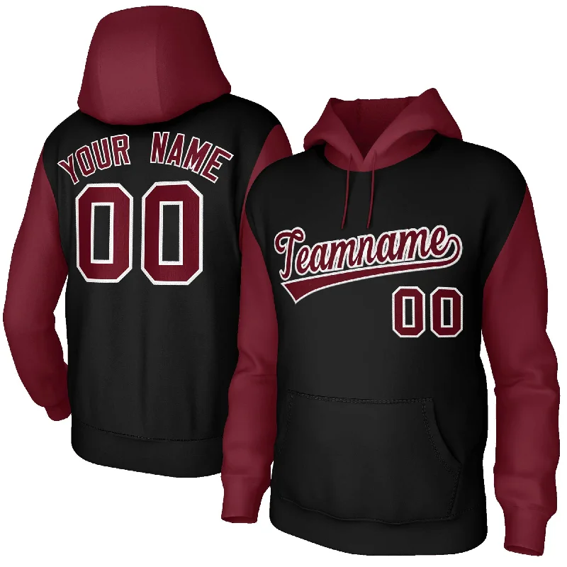 High Street Style Custom Black Crimson-White Raglan Sleeves Stitched Sportwear Pullover Hoodie