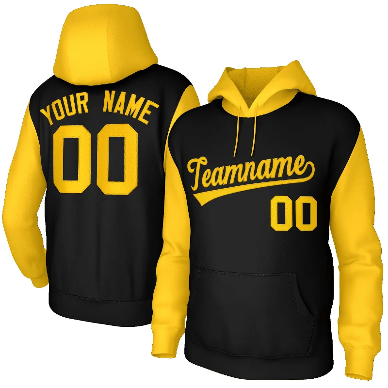Retro Fashion Custom Black Gold-Raglan Sleeves Stitched Sportwear Pullover Hoodie