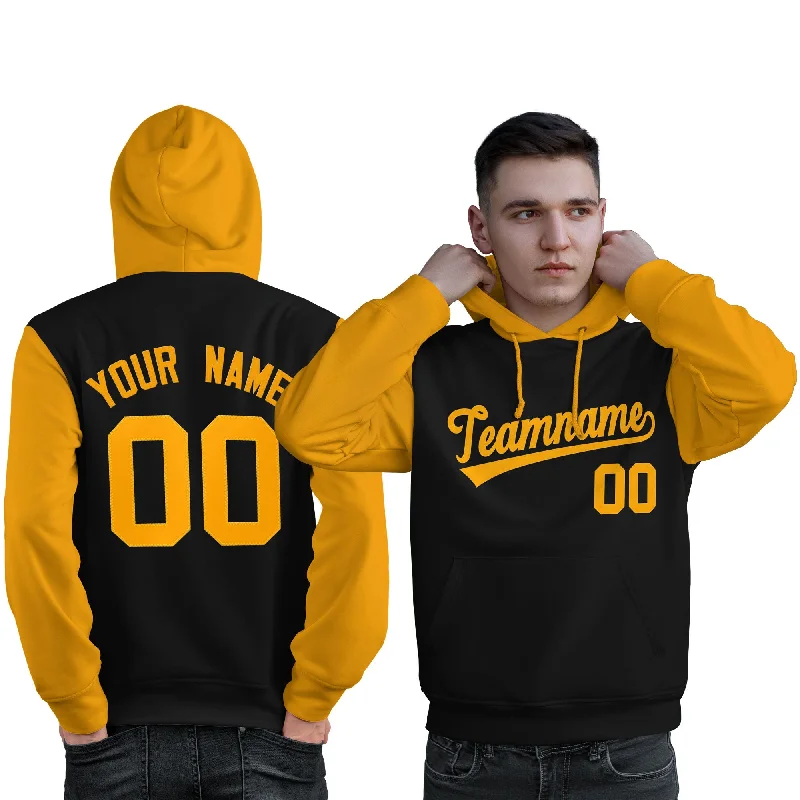 Comfortable Tops Custom Black Gold Raglan Sleeves Pullover Personalized Sweatshirt Hoodie