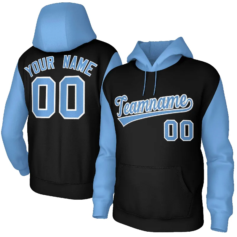 French Style Custom Black Light Blue-White Raglan Sleeves Stitched Sportwear Pullover Hoodie