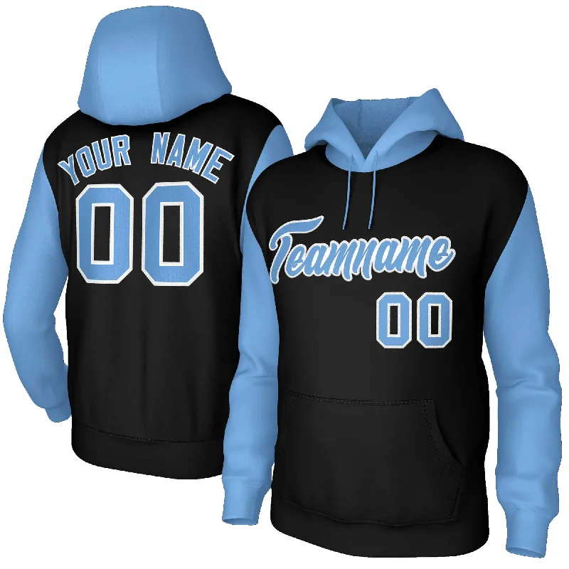 Noble And Elegant Custom Black Light Blue-White Raglan Sleeves Stitched Sportwear Pullover Hoodie