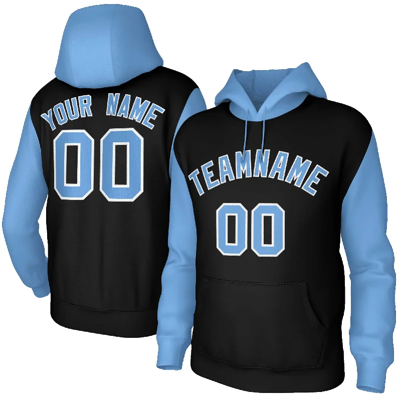Beautiful Romance Custom Black Light Blue-White Raglan Sleeves Stitched Sportwear Pullover Hoodie