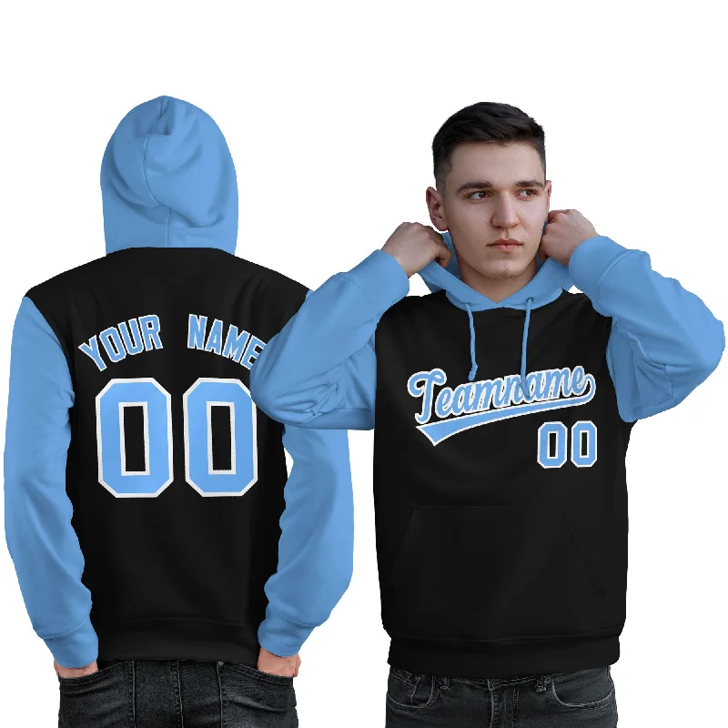 Urban Chic Custom Black Light Blue-White Raglan Sleeves Pullover Personalized Sweatshirt Hoodie