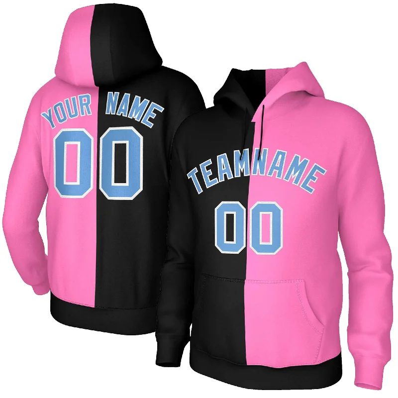Romantic Temperament Custom Black Pink Light Blue-White Split Fashion Stitched Sportwear Pullover Hoodie