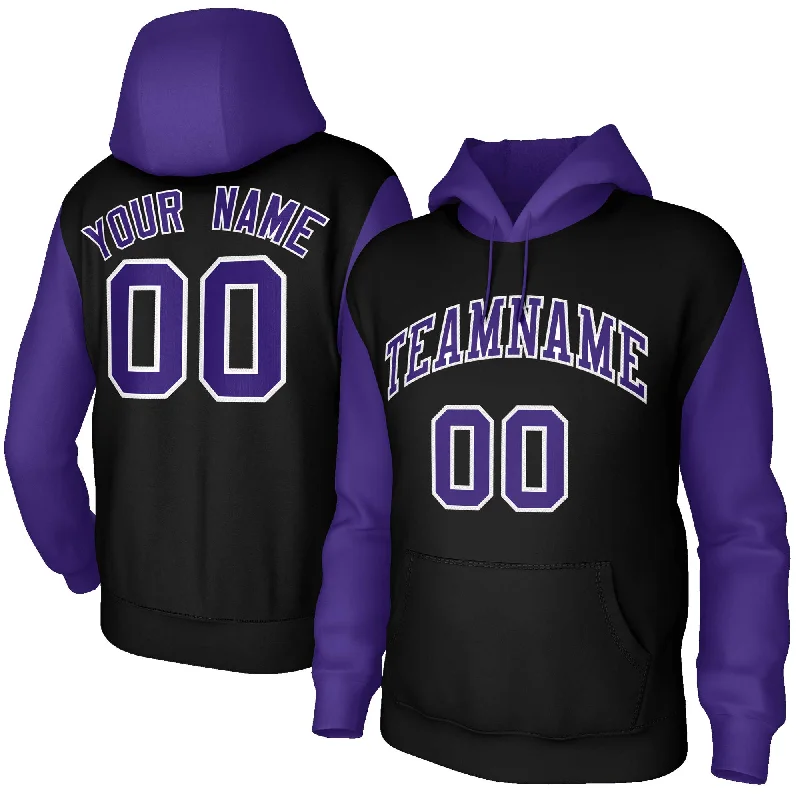 Personalized Series Custom Black Purple-White Raglan Sleeves Stitched Sportwear Pullover Hoodie