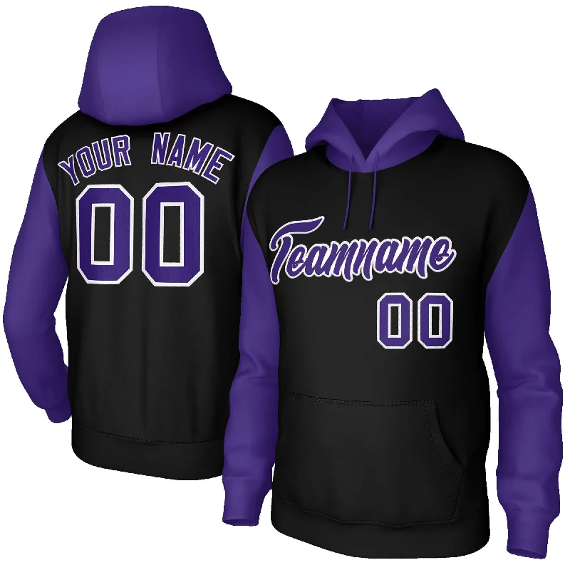 Urban Style Custom Black Purple-White Raglan Sleeves Stitched Sportwear Pullover Hoodie