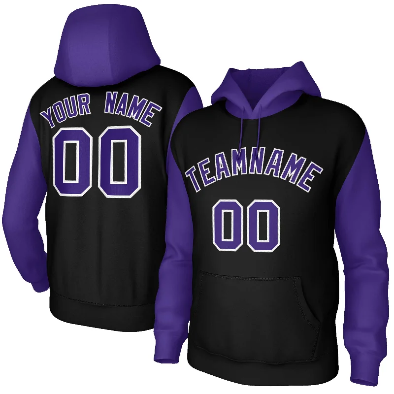 Customized Version Custom Black Purple-White Raglan Sleeves Stitched Sportwear Pullover Hoodie