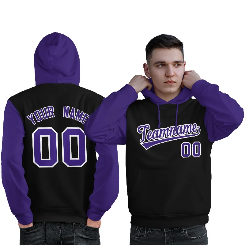 Soft Comfort Custom Black Purple-White Raglan Sleeves Pullover Personalized Sweatshirt Hoodie