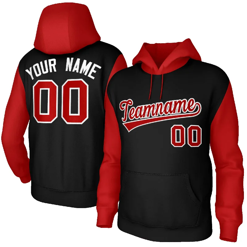 Sports And Leisure Custom Black Red-White Raglan Sleeves Stitched Sportwear Pullover Hoodie