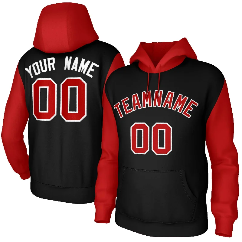 Casual And Versatile Custom Black Red-White Raglan Sleeves Stitched Sportwear Pullover Hoodie