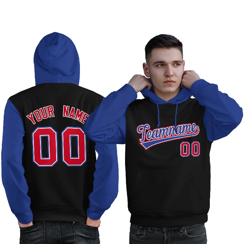 Relaxed Fashion Custom Black Royal-Red Raglan Sleeves Pullover Personalized Sweatshirt Hoodie