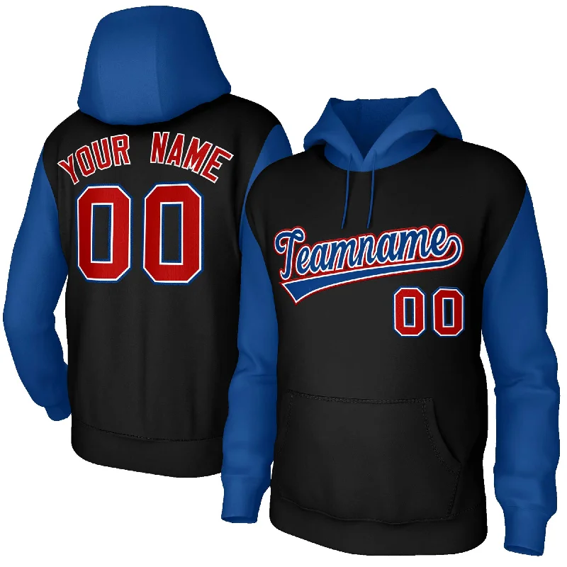 Age-reducing Style Custom Black Royal-White Raglan Sleeves Stitched Sportwear Pullover Hoodie