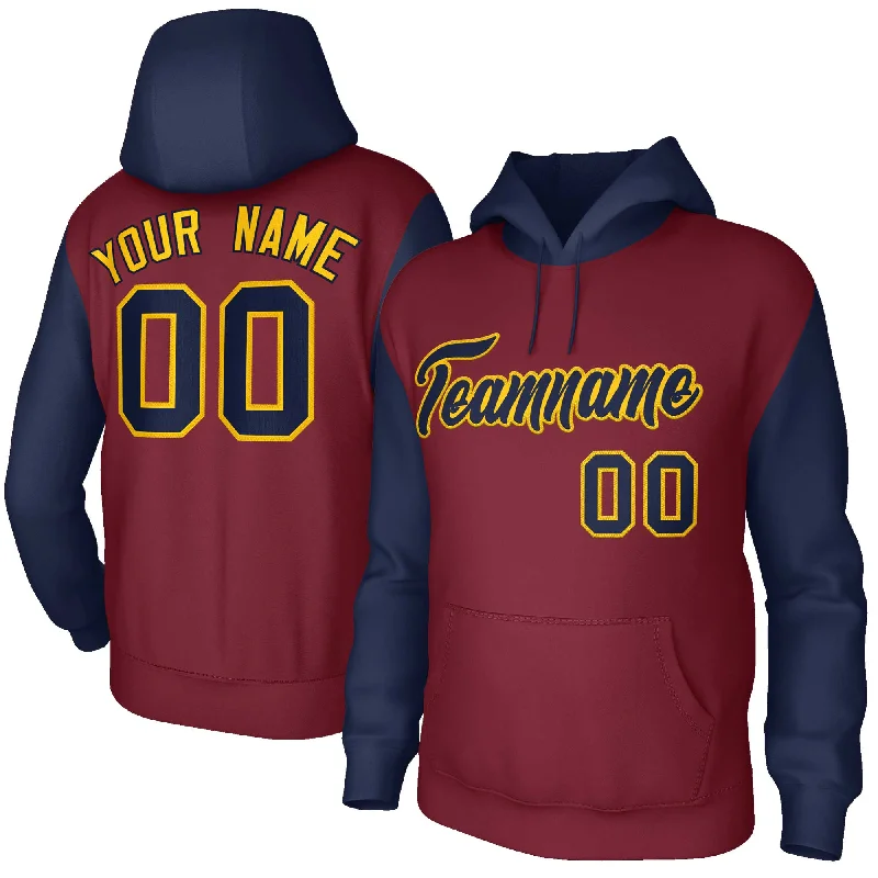 Elegant Tailoring Custom Crimson Navy-Gold Raglan Sleeves Stitched Sportwear Pullover Hoodie