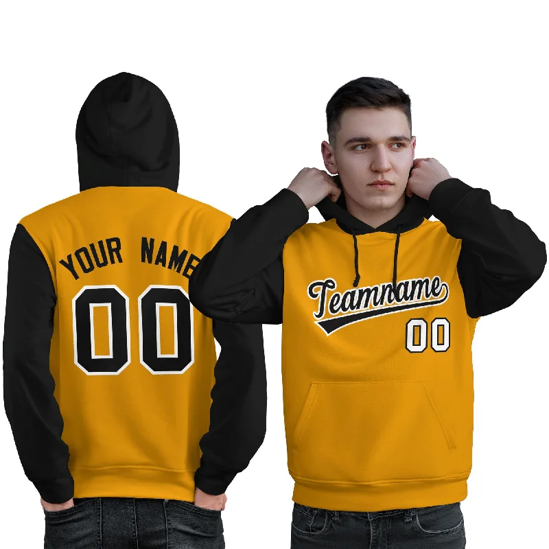 Cozy Footwear Custom Gold Black-White Raglan Sleeves Pullover Personalized Sweatshirt Hoodie