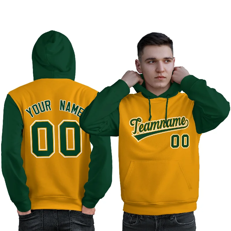 Classic Comfort Custom Gold Green-White Raglan Sleeves Pullover Personalized Sweatshirt Hoodie