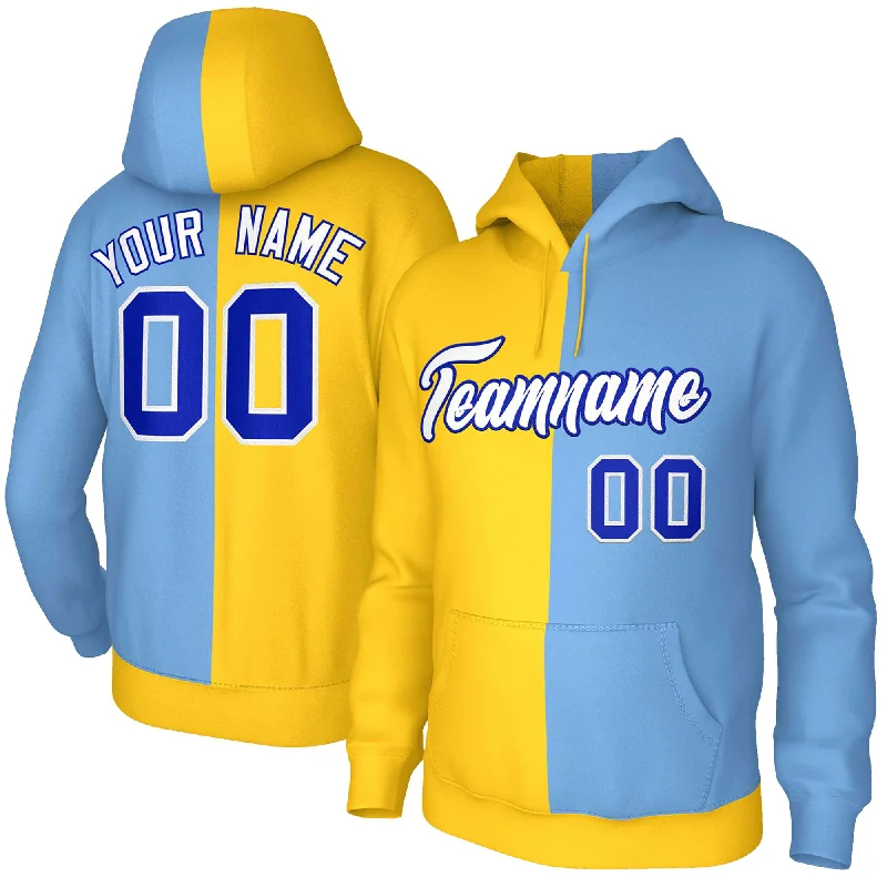 Stylish Comfort Custom Gold Light Blue White-Royal Split Fashion Stitched Sportwear Pullover Hoodie