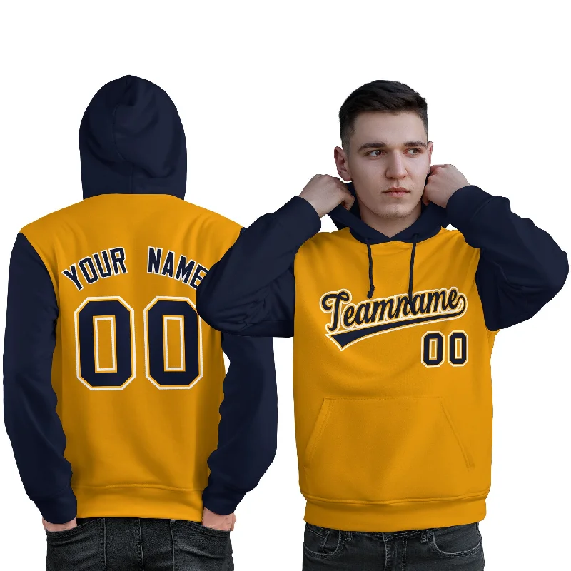 Simple Chic Custom Gold Navy-White Raglan Sleeves Pullover Personalized Sweatshirt Hoodie