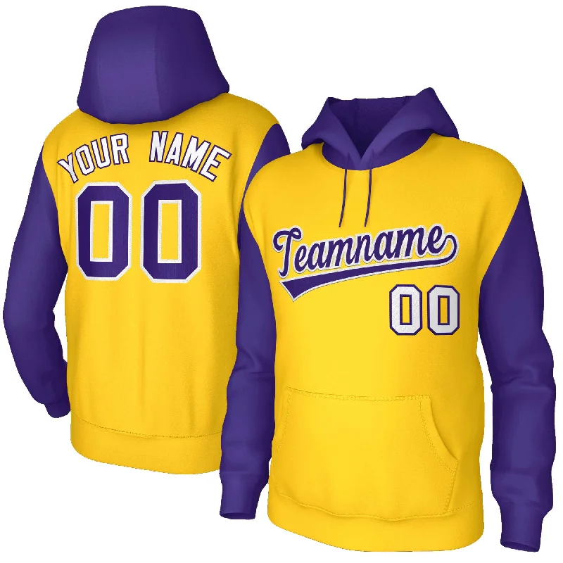 Romantic Data Custom Gold Purple-White Raglan Sleeves Stitched Sportwear Pullover Hoodie
