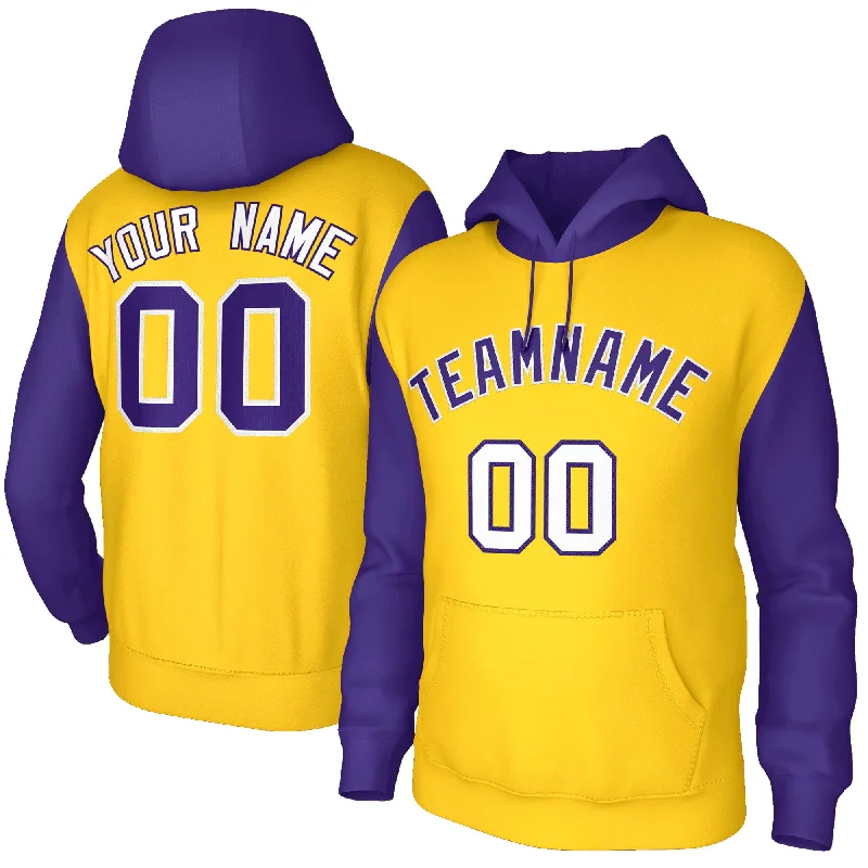 Elegant And Noble Custom Gold Purple-White Raglan Sleeves Stitched Sportwear Pullover Hoodie