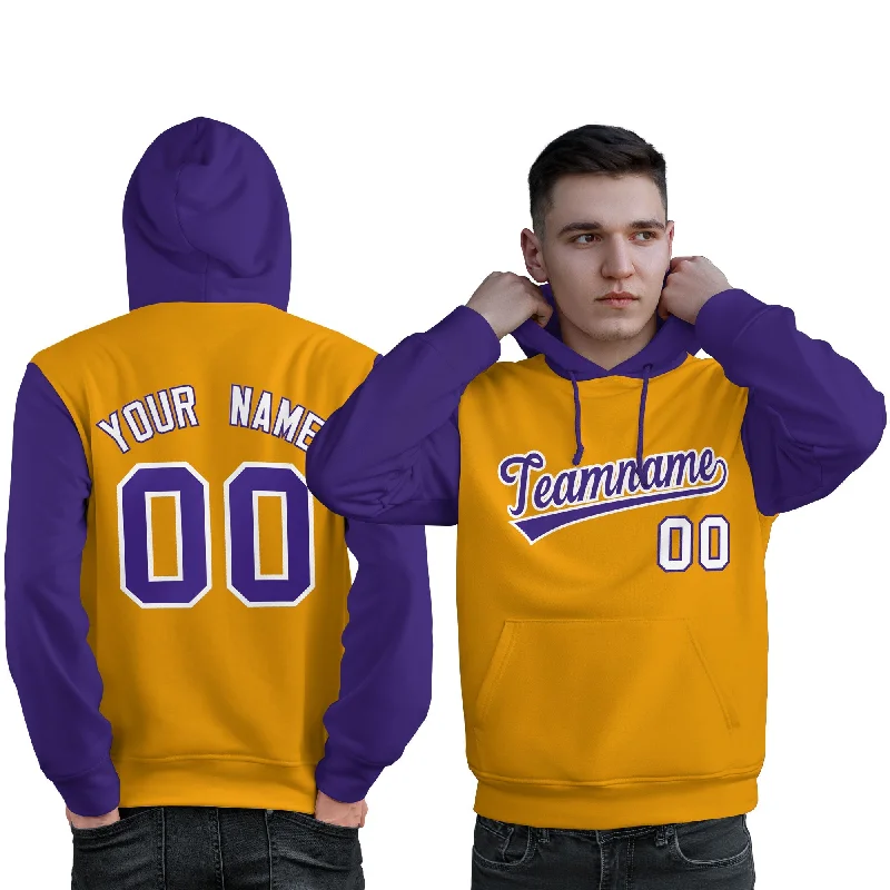Relaxed Fit Wear Custom Gold Purple-White Raglan Sleeves Pullover Personalized Sweatshirt Hoodie