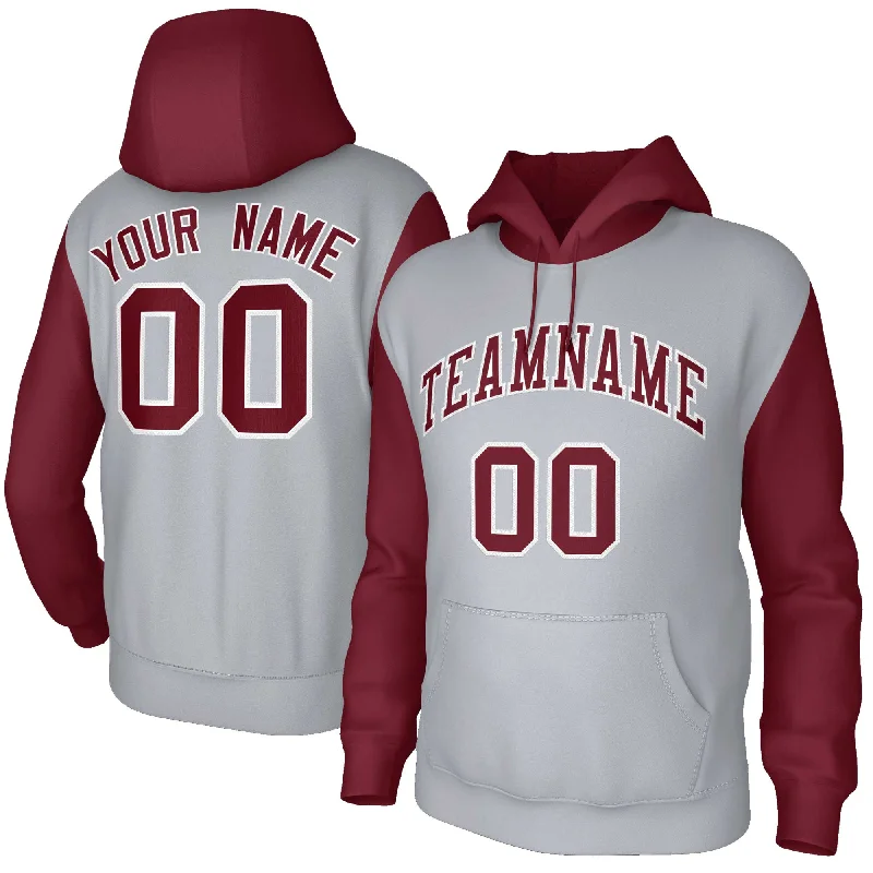 Personalized Outfit Custom Gray Crimson-White Raglan Sleeves Stitched Sportwear Pullover Hoodie