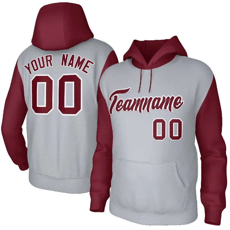 Celebrity Style Custom Gray Crimson-White Raglan Sleeves Stitched Sportwear Pullover Hoodie